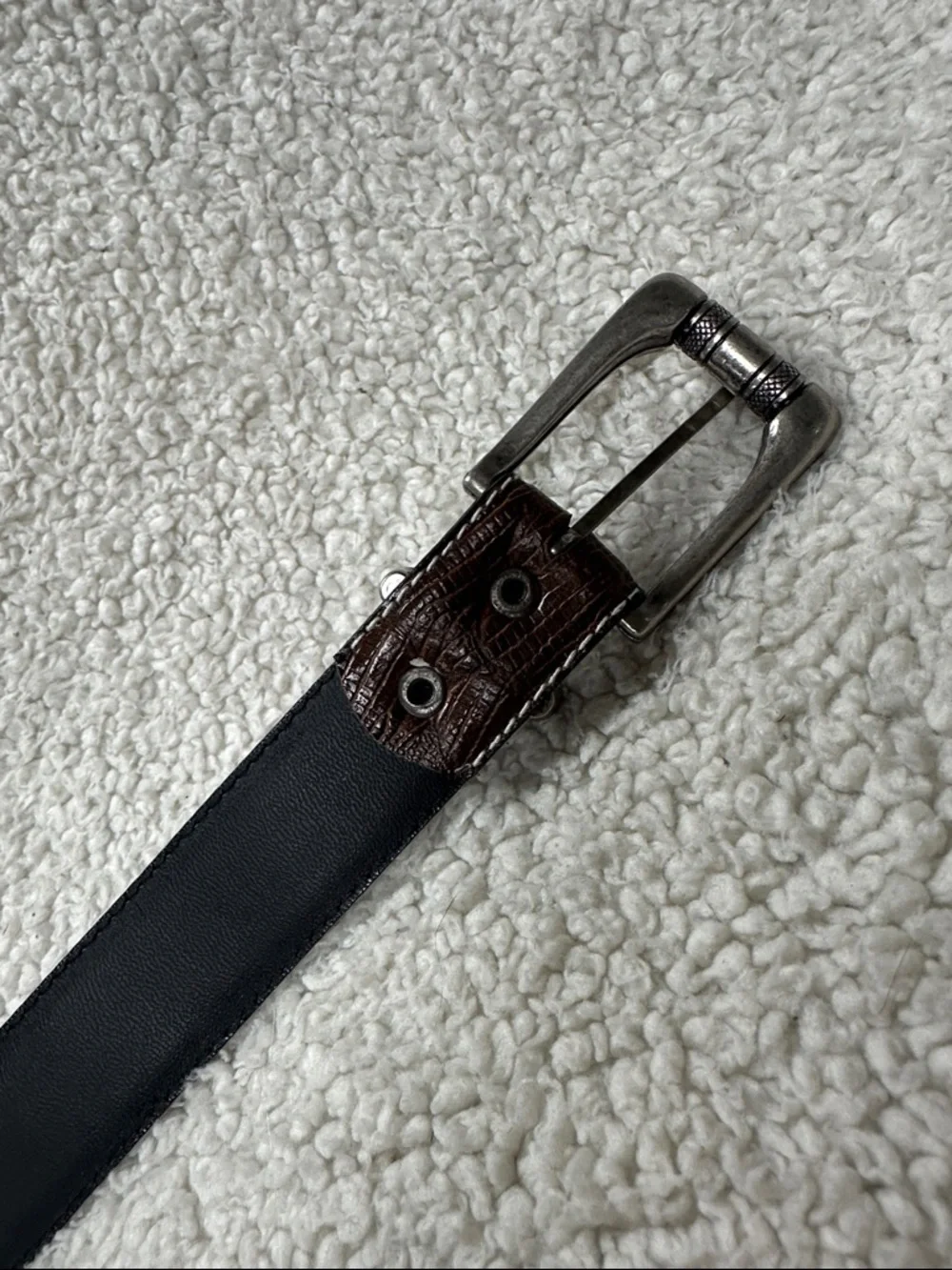 Vegan Leather Western Style Heavy Silver Buckle & Tip, Embossed Brown Belt